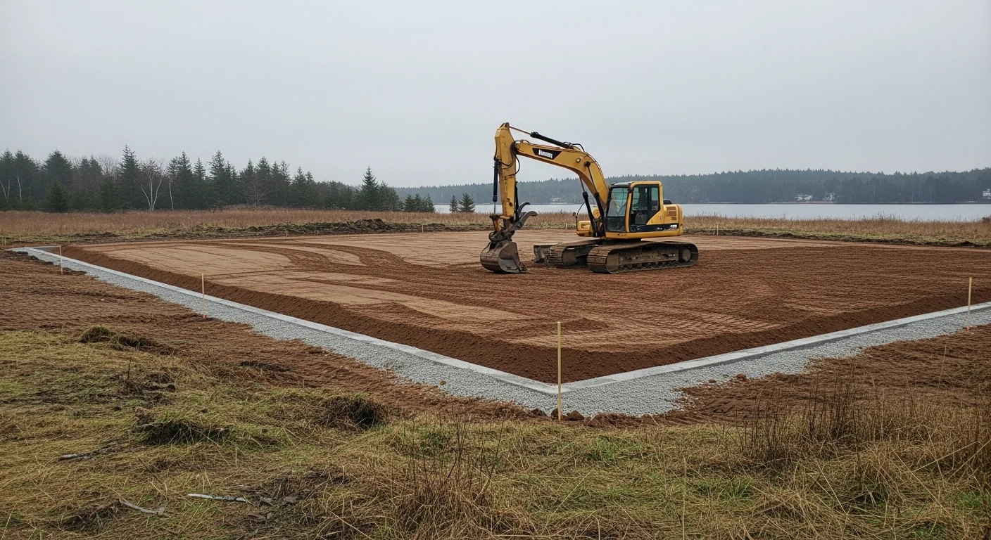 A graded and leveled residential lot in Castine, Maine, with smooth compacted soil sloping away from a building foundation. An excavator sits at the edge of the cleared site with Hancock County tree lines visible in the background.